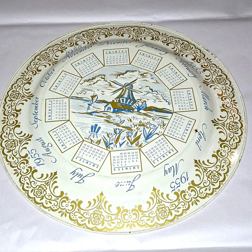 📅 1955-1956 tin calendar plate with windmills